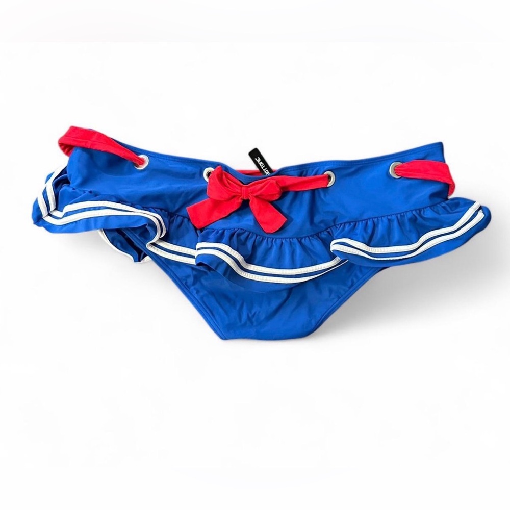 Hot Topic Blue Ruffle Bikini Bottom with Red Bow Accent
